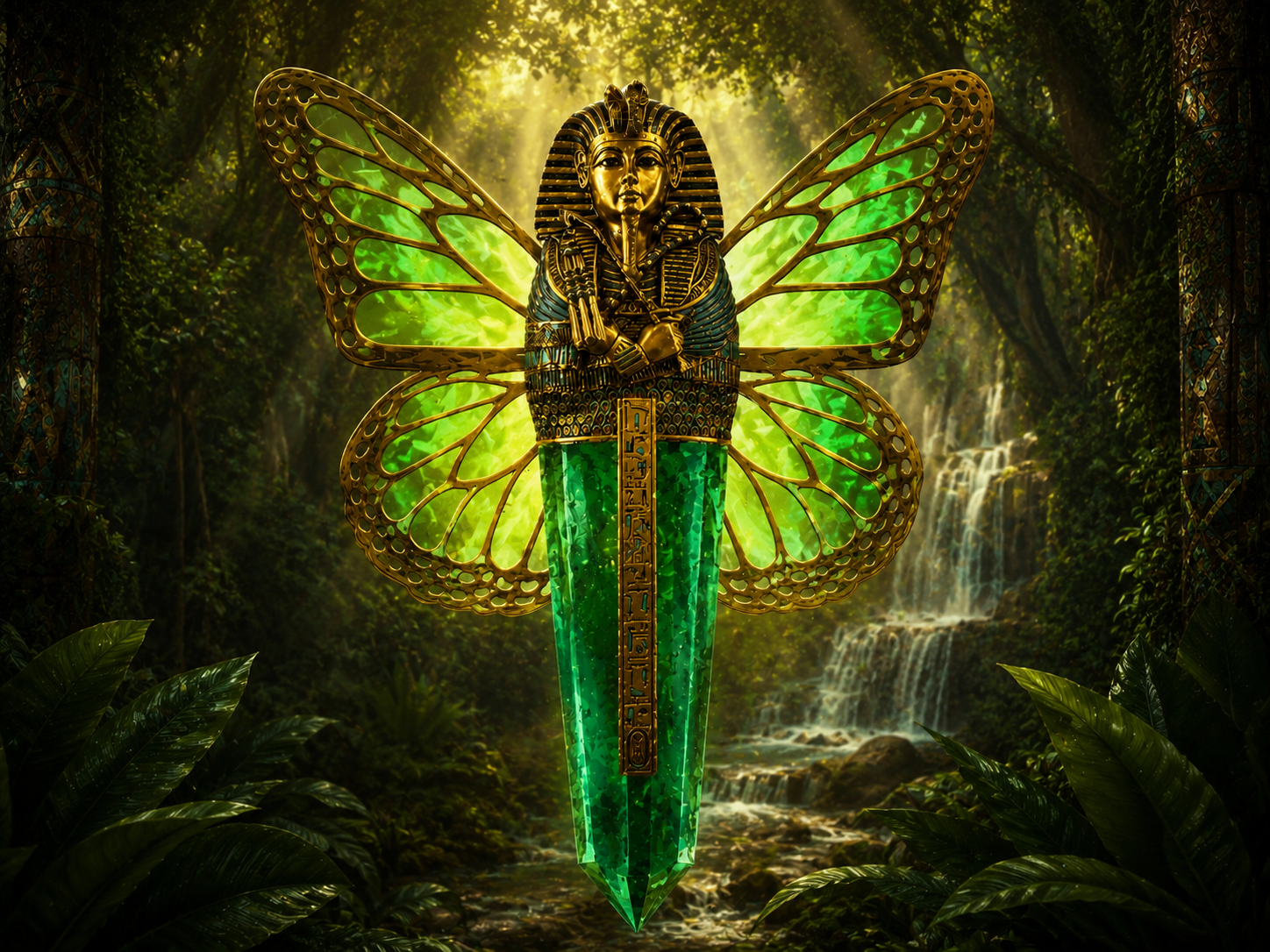 RHAMZES pharaoh with emerald crystal wings — brand symbol